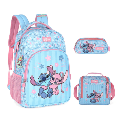 Kit Mochila De Costas + Lancheira Térmica + Estojo Triplo da Lilo Stitch e Angel Rosa