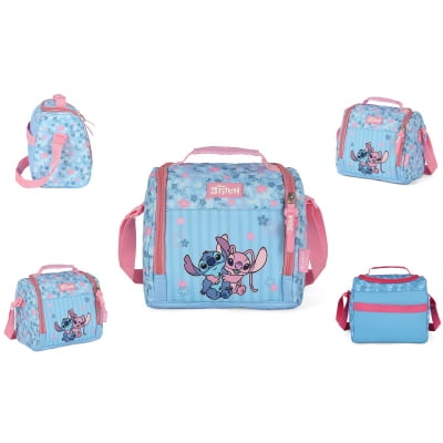 Kit Mochila De Costas + Lancheira Térmica + Estojo Triplo da Lilo Stitch e Angel Rosa