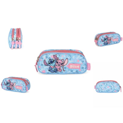 Kit Mochila De Costas + Lancheira Térmica + Estojo Triplo da Lilo Stitch e Angel Rosa