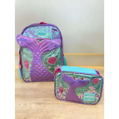 Kit Mochila de Costas Média + Estojo Box Holográfica da Sereia C/ Paetê
