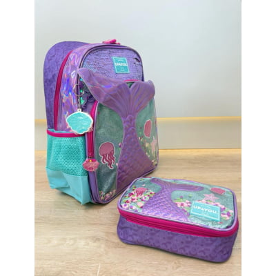 Kit Mochila de Costas Média + Estojo Box Holográfica da Sereia C/ Paetê