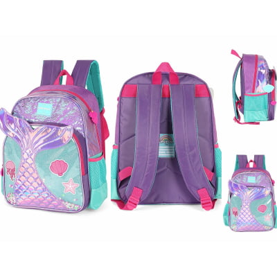 Kit Mochila de Costas Média + Estojo Triplo Infantil Holográfica Sereia C/ Paetê