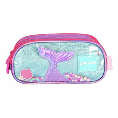 Kit Mochila de Costas Média + Estojo Triplo Infantil Holográfica Sereia C/ Paetê