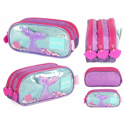 Kit Mochila de Costas Média + Estojo Triplo Infantil Holográfica Sereia C/ Paetê