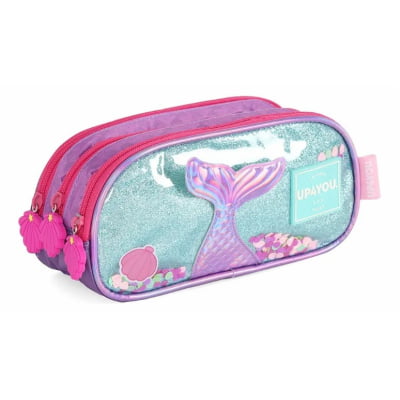 Kit Mochila de Costas Média + Estojo Triplo Infantil Holográfica Sereia C/ Paetê