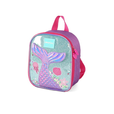 Kit Mochila de Costas Média + Lancheira Térmica Infantil Holográfica Sereia C/ Paetê