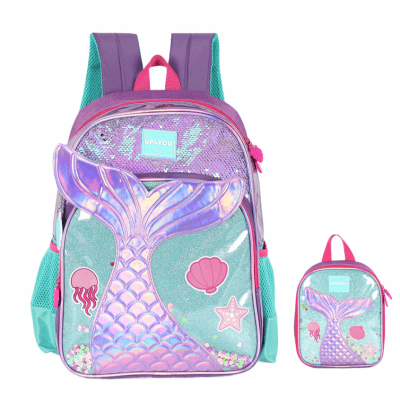Kit Mochila de Costas Média + Lancheira Térmica Infantil Holográfica Sereia C/ Paetê