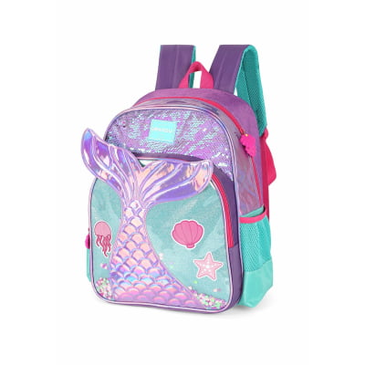 Kit Mochila de Costas Média + Lancheira Térmica Infantil Holográfica Sereia C/ Paetê