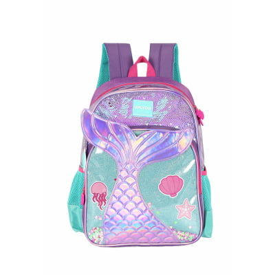 Kit Mochila de Costas Média + Lancheira Térmica Infantil Holográfica Sereia C/ Paetê