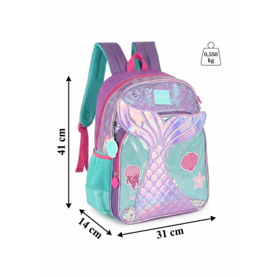 Kit Mochila de Costas Média + Lancheira Térmica Infantil Holográfica Sereia C/ Paetê