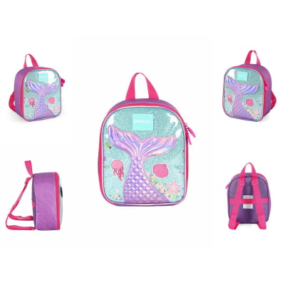 Kit Mochila de Costas Média + Lancheira Térmica Infantil Holográfica Sereia C/ Paetê