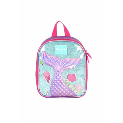 Kit Mochila de Costas Média + Lancheira Térmica Infantil Holográfica Sereia C/ Paetê
