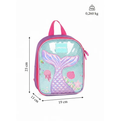 Kit Mochila de Costas Média + Lancheira Térmica Infantil Holográfica Sereia C/ Paetê