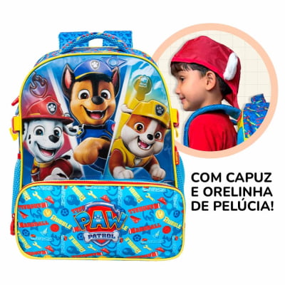 Kit Mochila de Costas Tam. 14 C/ Capuz e Estojo Duplo Escolar da Patrulha Canina S2