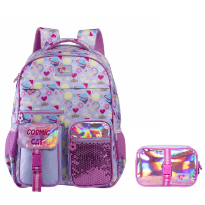 Kit Mochila de Costas Tam.17 e Estojo Box Tween Cosmic Cat On My Way!