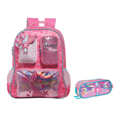 Kit Mochila de Costas Tam. 17  e Estojo Triplo Tween Sereia On My Way!