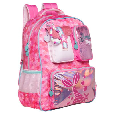 Kit Mochila de Costas Tam. 17  e Estojo Triplo Tween Sereia On My Way!