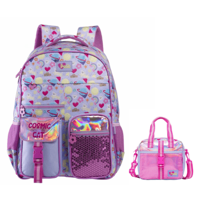 Kit Mochila de Costas Tam.17 e Lancheira Térmica Tween Cosmic Cat On My Way!
