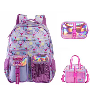 Kit Mochila de Costas Tam.17 + Lancheira Térmica e Estojo Box Tween Cosmic Cat On My Way!