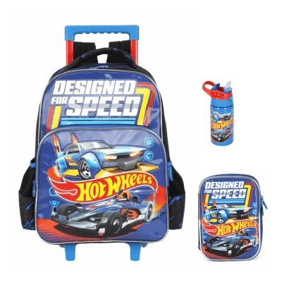 Kit Mochila De Rodinha E Costas + Estojo Box + Garrafinha Aço Inóx Hot Wheels Designed For Speed Azul Kit Mochila De Rodinha E Costas + Estojo Box + Garrafinha Aço Inóx Hot Wheels Designed For Speed Azul