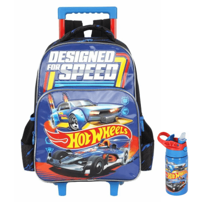 Kit Mochila De Rodinha E Costas + Garrafinha Em Aço Inóx Hot Wheels Designed For Speed Azul Kit Mochila De Rodinha E Costas + Garrafinha Em Aço Inóx Hot Wheels Designed For Speed Azul