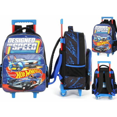 Kit Mochila De Rodinha E Costas + Garrafinha Em Aço Inóx Hot Wheels Designed For Speed Azul