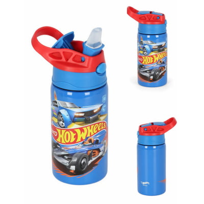 Kit Mochila De Rodinha E Costas + Garrafinha Em Aço Inóx Hot Wheels Designed For Speed Azul