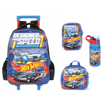 Kit Mochila De Rodinha E Costas + Lancheira Térmica + Garrafa Inóx + Estojo Box do Hot Wheels Designed For Speed Kit Mochila De Rodinha E Costas + Lancheira Térmica + Garrafa Inóx + Estojo Box do Hot Wheels Designed For Speed