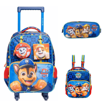 Kit Mochila de Rodinha Escolar  Tam.16 - 4 Rodinhas + Lancheira + Estojo Duploda Patrulha Canina