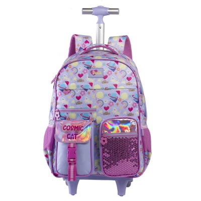 Kit Mochila de Rodinhas 17 Alças e Estojo Box Tween Cosmic Cat On My Way!