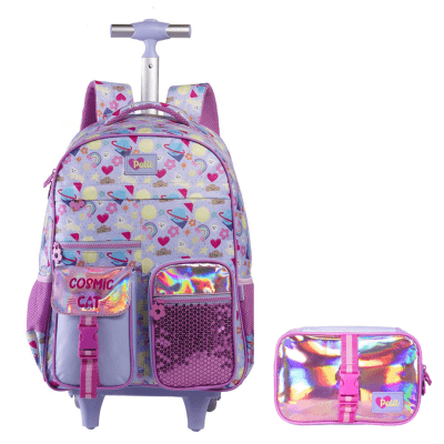 Kit Mochila de Rodinhas 17 Alças e Estojo Box Tween Cosmic Cat On My Way!