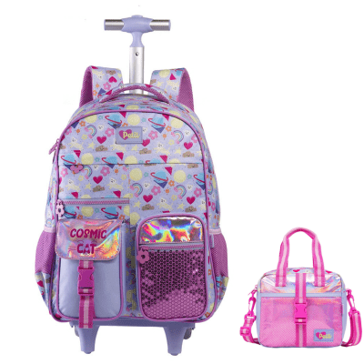 Kit Mochila de Rodinhas 17 Alças e Lancheira Térmica Tween Cosmic Cat On My Way!