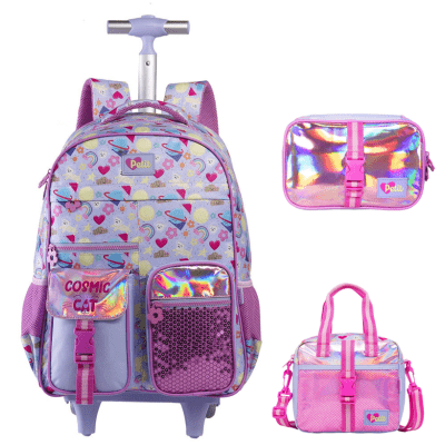 Kit Mochila de Rodinhas 17 Alças + Lancheira Térmica e Estojo Box Tween Cosmic Cat On My Way!