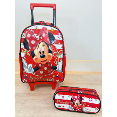 Kit Mochila de Rodinhas Escolar da Minnie X Tam.16 + Estojo Duplo