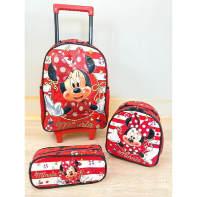 Kit Mochila de Rodinhas Escolar da Minnie X Tam.16 + Lancheira + Estojo Duplo