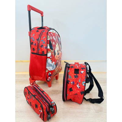 Kit Mochila de Rodinhas Escolar da Minnie X Tam.16 + Lancheira + Estojo Duplo