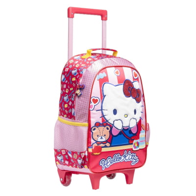 Kit Mochila de Rodinhas Escolar e Estojo Duplo da Hello Kitty