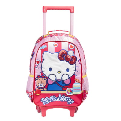 Kit Mochila de Rodinhas Escolar e Estojo Duplo da Hello Kitty
