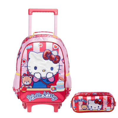 Kit Mochila de Rodinhas Escolar e Estojo Duplo da Hello Kitty
