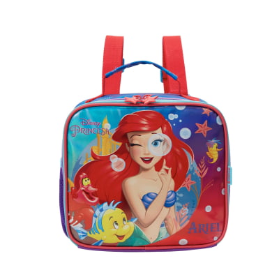 Kit Mochila de Rodinhas Escolar +Estojo duplo + Lancheira da Princesa Disney Ariel Metálica