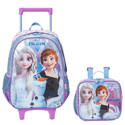 Kit Mochila de Rodinhas Escolar + Lancheira da Disney Frozen Holográfico Tam. 14