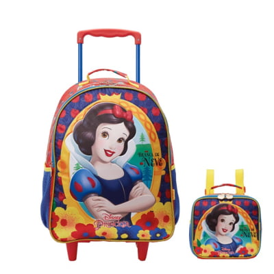 Kit Mochila de Rodinhas Escolar + Lancheira Princesa da Disney Branca de Neve