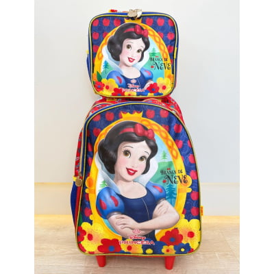 Kit Mochila de Rodinhas Escolar + Lancheira Princesa da Disney Branca de Neve