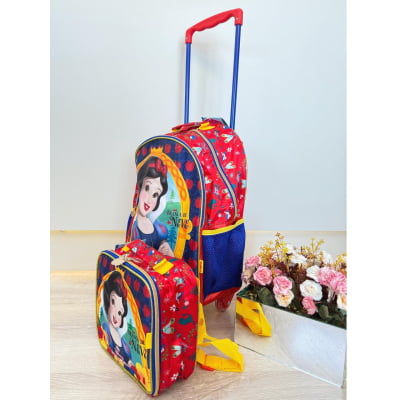 Kit Mochila de Rodinhas Escolar + Lancheira Princesa da Disney Branca de Neve