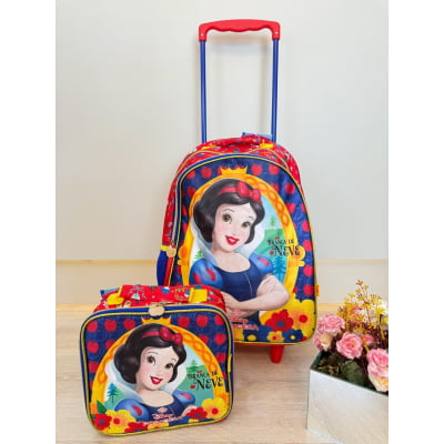 Kit Mochila de Rodinhas Escolar + Lancheira Princesa da Disney Branca de Neve