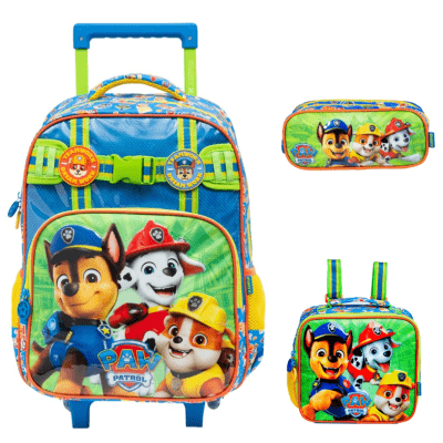 Kit Mochila de Rodinhas Escolar S1 Tam.16 + Lancheira + Estojo Duplo da Patrulha Canina