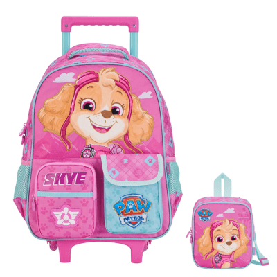 Kit Mochila de Rodinhas Escolar Tam.16 + Lancheira da Patrulha Canina Skye