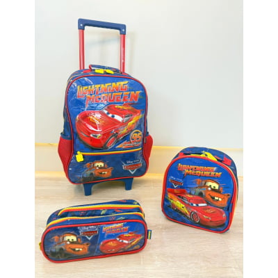 Kit Mochila de Rodinhas Escolar Tam.16 + Lancheira Térmica + Estojo Duplo do Relâmpago McQueen