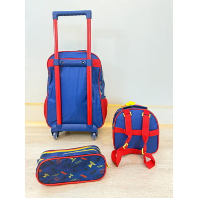 Kit Mochila de Rodinhas Escolar Tam.16 + Lancheira Térmica + Estojo Duplo do Relâmpago McQueen