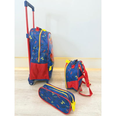 Kit Mochila de Rodinhas Escolar Tam.16 + Lancheira Térmica + Estojo Duplo do Relâmpago McQueen